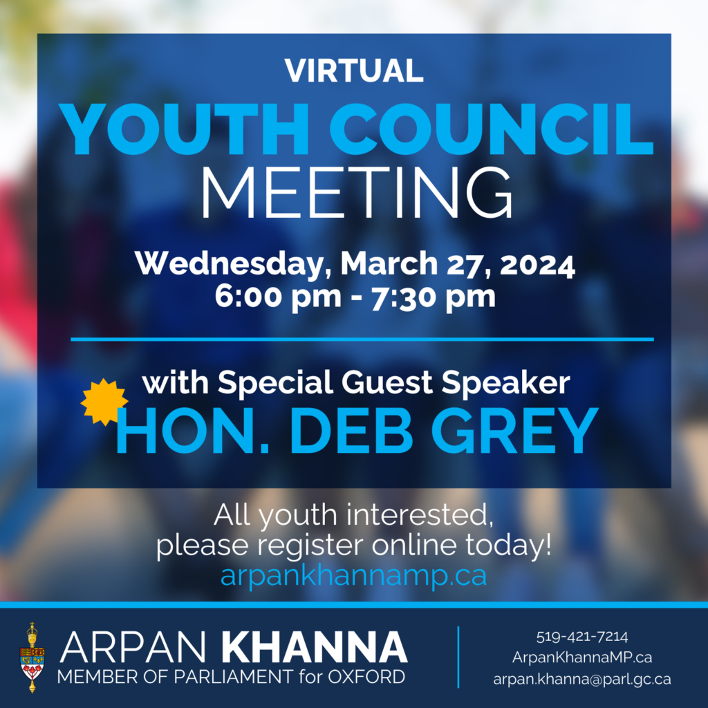 A graphic inviting youth to join us for a *VIRTUAL* Youth Council meeting with special guest speaker Deborah Grey on March 27!
