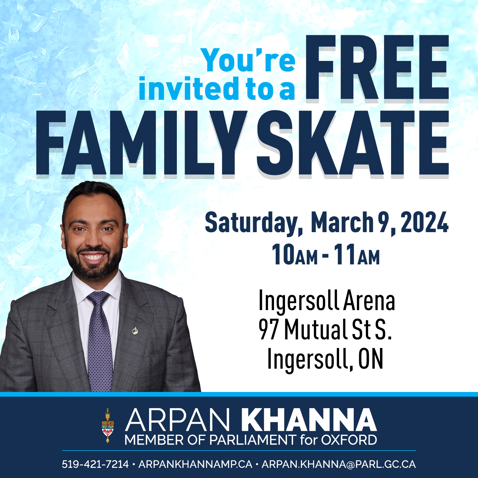 DATE: Saturday, March 9th, 2024 TIME: 10am - 11am LOCATION: Ingersoll District Memorial Centre 97 Mutual St S, Ingersoll, ON DETAILS: Free Community Skate in Ingersoll. Will ask Phil about table set up with Hot chocolate/cookies for the family. Bring donations for foodbank.